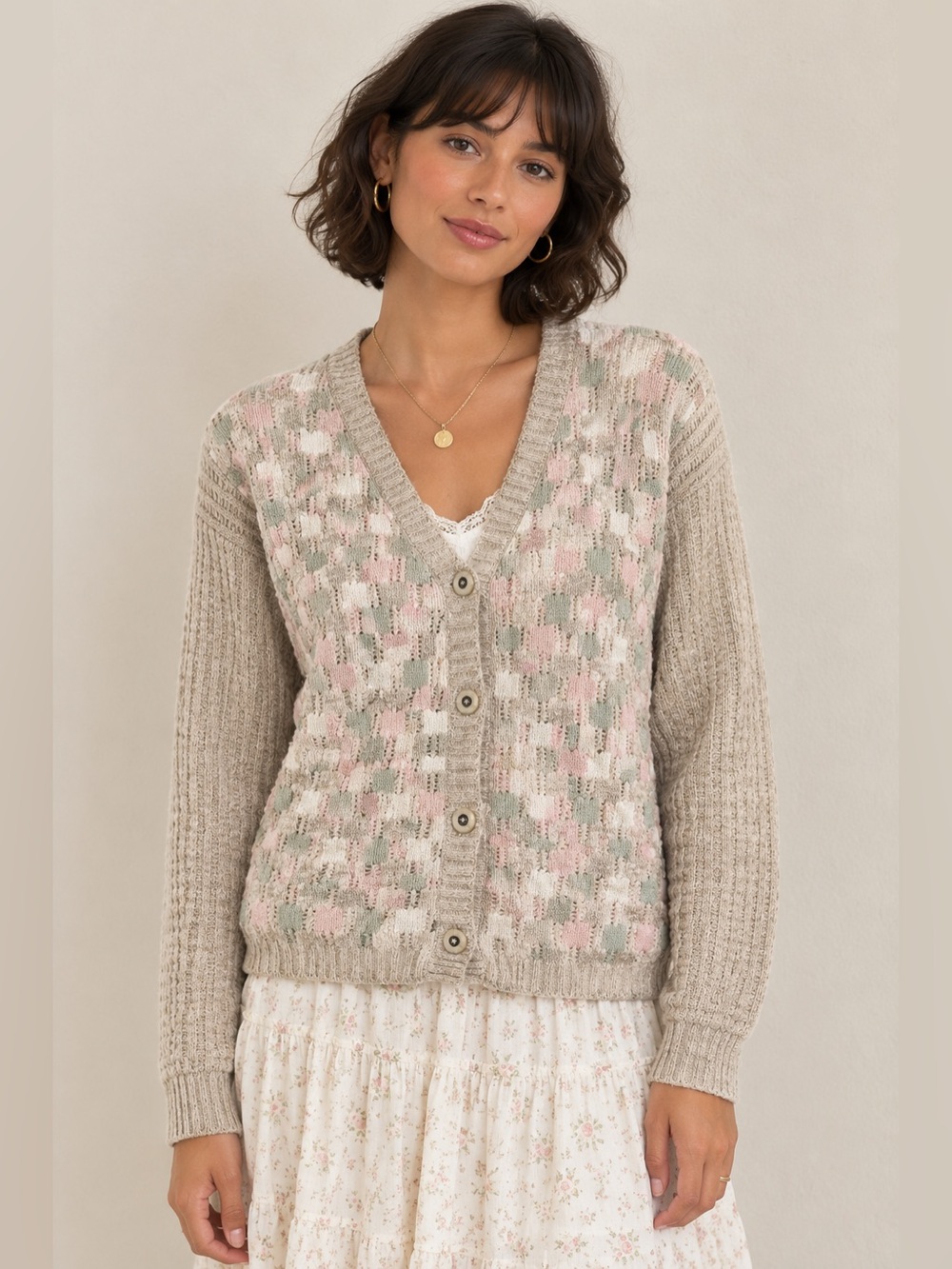 Vintage Lizwear Cotton Linen Knit Cardigan Sweater Small Cottagecore Pink Green